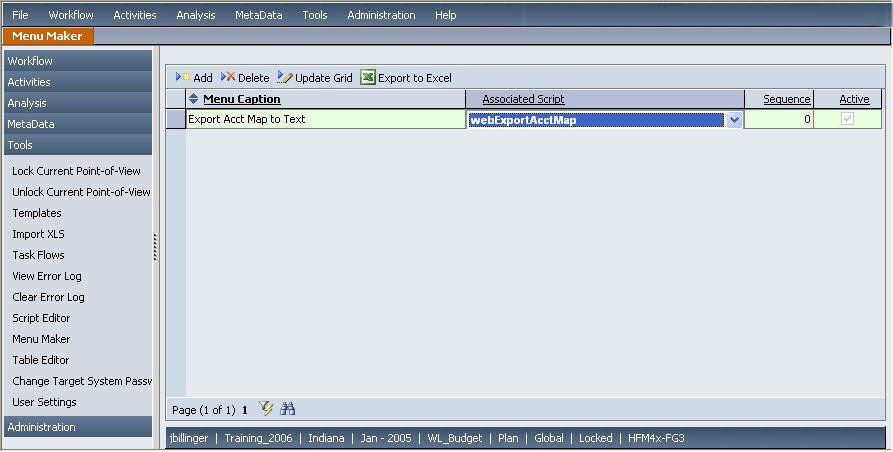 The image shows the Menu Maker screen with "Export Acct Map to Text" in the Menu Caption column and the webExportAccMap script in the Associated Script column.